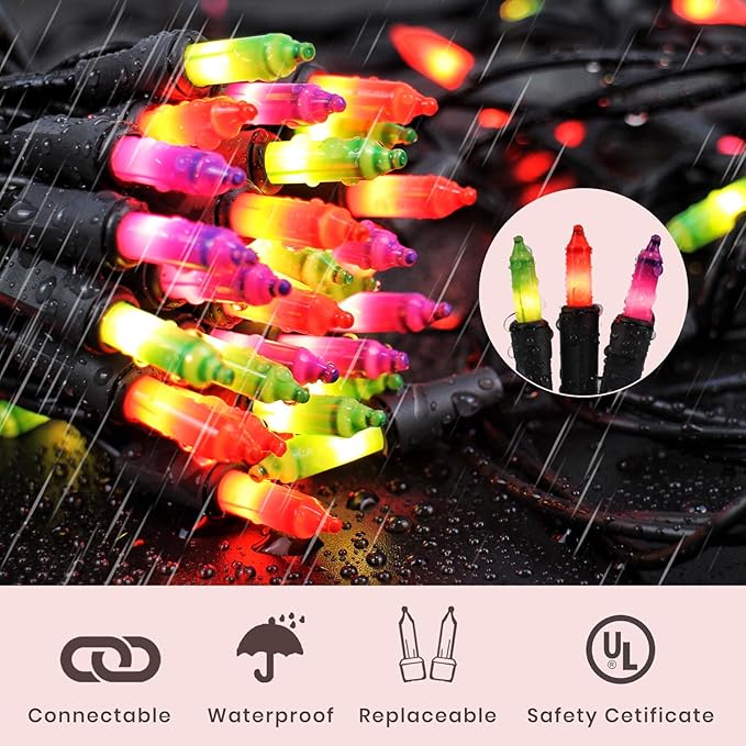 Christmas Lights– 100 Count Mini Purple Orange & Green Incandescent String Lights, 26.5ft Black Wire, UL Listed, Connectable up to 125ft, for Indoor & Outdoor Home Decor