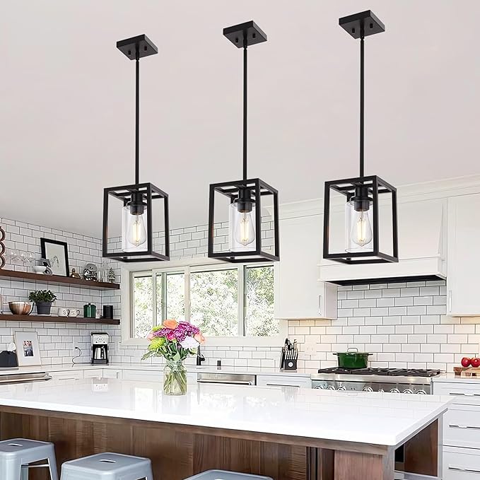 MELUCEE 3-Light Hanging Kitchen Lights Over Island with Clear Glass Shade, 3 Pack Black Small Chandelier Farmhouse Pendant Light for Kitchen Island Dining Room Hallway
