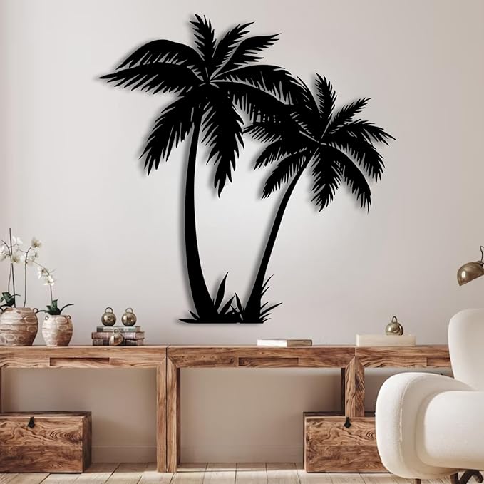 Palm Tree Metal Wall Decor,Palm Tree Outdoor Wall Art,Tropical Palm Tree Wall Decorations for Living Room,Outdoor Wall Decorations for House(100×97 cm/39"×38" in, White)