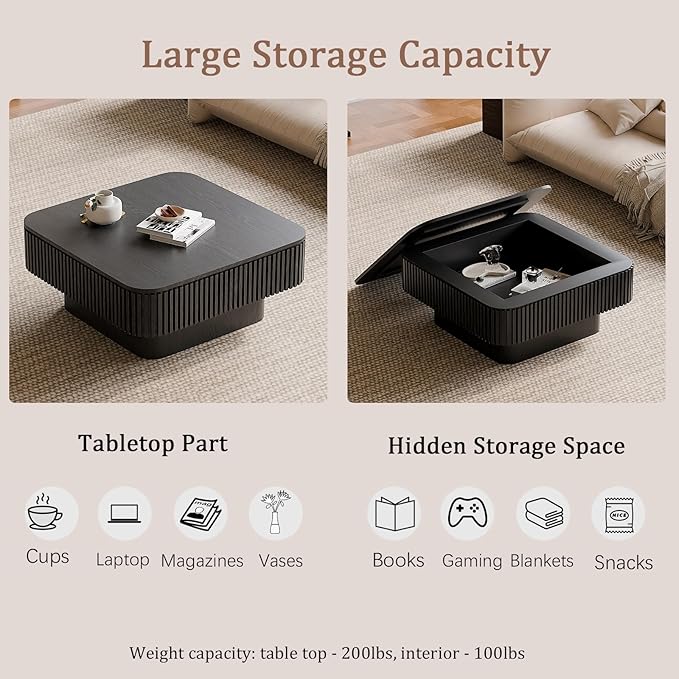 31.5" Square Coffee Table with Hidden Storage Compartment, Modern Handcraft Fluted Drum Coffee Table, Wooden Square Center Table Cocktail Tea Table with Sturdy Pedestal for Living Room, Black