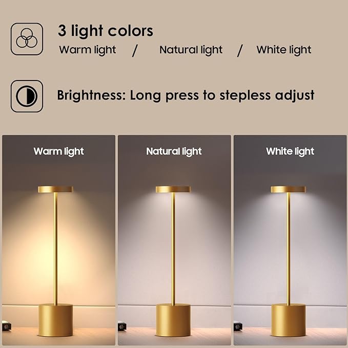 Cordless Rechargeable Battery Operated Dining Table Lamp 6000 mAh LED Desk Lamps 13.5 inches 3-Level Light Color Adjustable Dimmable Brightness for Reading/Restaurant/Study, Pack of 2