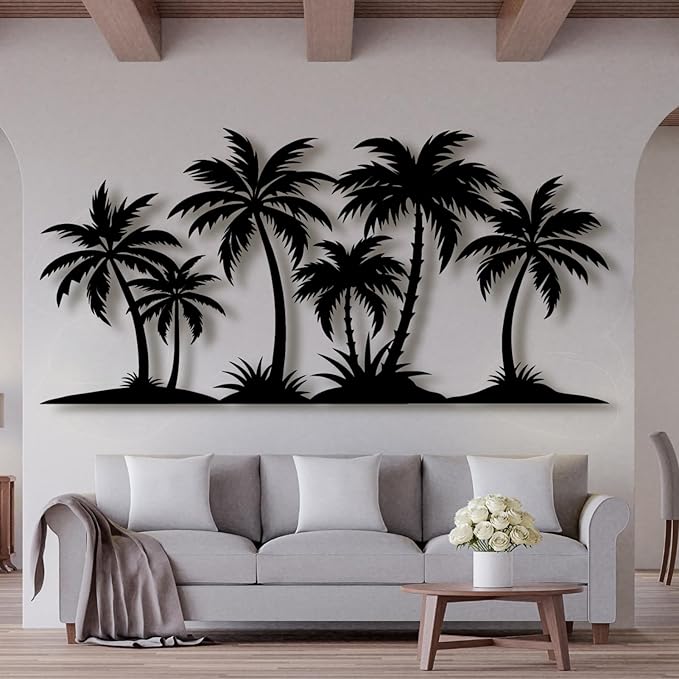 Lunwall Metal Palm Tree Wall Art, Tropical Palm Tree, 19"L x 9"W / 47 x 23cm, Indoor & Outdoor, Black