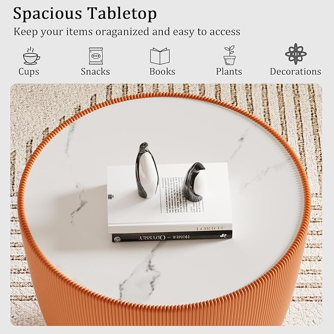 19.69" Orange Round Coffee Table, Drum Coffee Table with Sintered Stone Tabletop and Fluted PU Leather Covered and Metal Base, Circle Cocktail Tea Table for Living Room