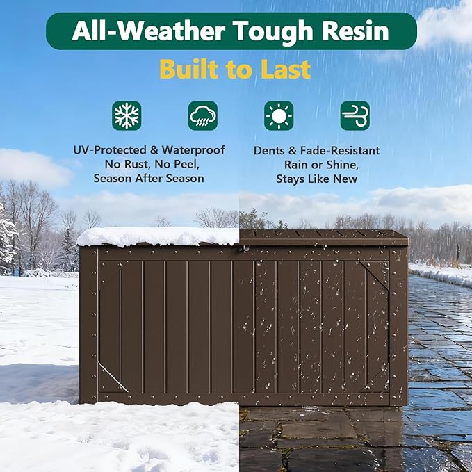 Outdoor Storage Box, 100 Gallon Deck Box Outdoor Storage Bench Outside Waterproof Resin Storage Bench, Lockable Patio Cushions, Garden Tools Storage For Furniture, UV Resistant (Brown)