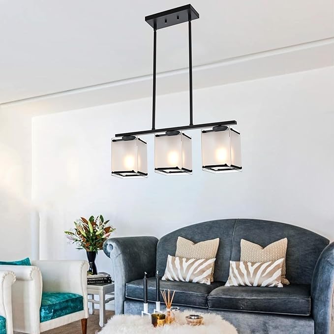 3-Light Dining Room Light Fixture Kitchen Island Lighting with Frosted Glass Shade Linear Black Chandelier Pendant Lighting Over Table for Dining Table Kitchen Island, Adjustable Height