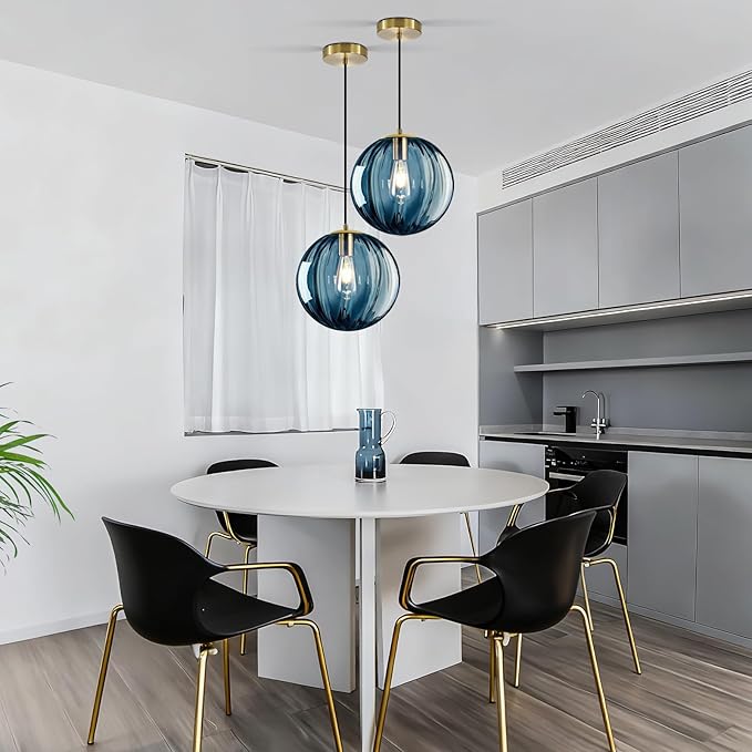 Modern Blue Glass Pendant Light, Kitchen Island Lighting Single Globe Pendant Light Fixtures Century Kitchen Island Pendant Lighting for Bedroom Living Dining Room Light Fixture （Without Bulb）