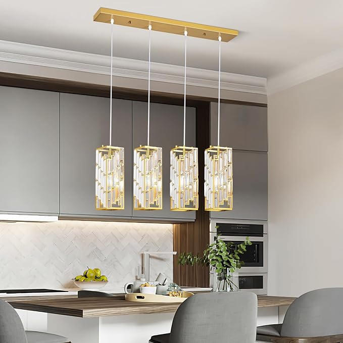 Gold Pendant Lighting Modern Pendant Light, Mini Crystal Chandeliers,Adjustable Pendant Light Fixture for Kitchen Island Dinning Room Bedroom (4 Light)