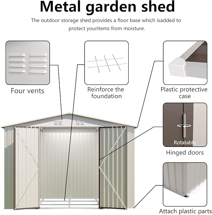 Outdoor Sheds 10FT x 8FT Outdoor Storage Metal Anti-Corrosion Utility Tool House with Lockable Door & Shutter Vents Outdoor Waterproof Garden Tool Storage Sheds with Metal Foundation