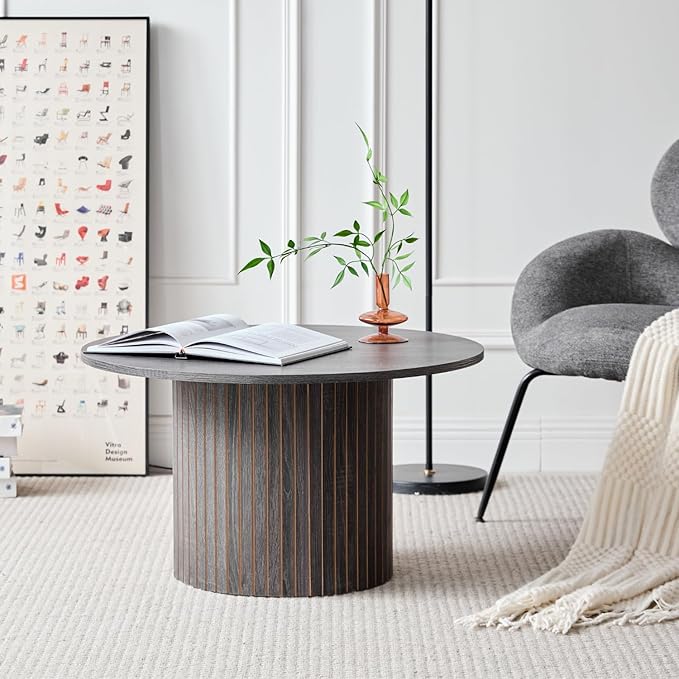 Round Nesting Coffee Tables Set of 2 -φ27.6 Large Short + φ15.8 Small Tall Boho Circle Side Tables with Fluted Drum Design, Black