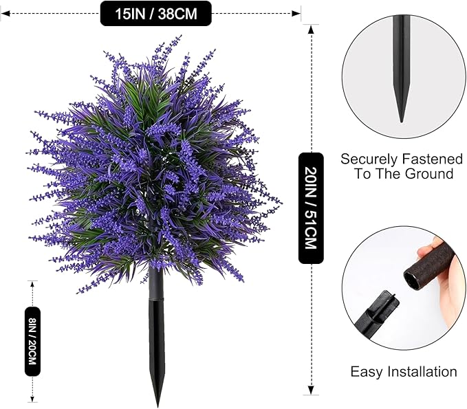 2Pcs 19.68" Artificial Boxwood Topiary Ball with Flowers Plants with Ground Spikes for Outdoor UV Resistant Realistic Fake Bushes Plants for Garden Yard Front Porch Patio Decor (Lavender)