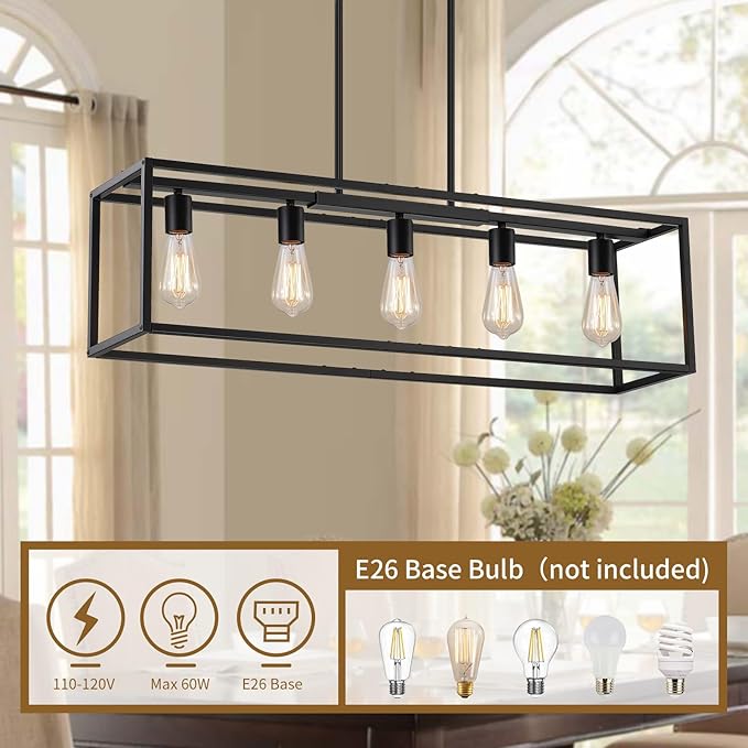 5-Light Dining Room Light Fixture,Black Farmhouse Kitchen Island Lighting,Rustic Pendant Light Over Table with Adjustable Rods,Modern Linear Chandeliers for Dining Room Kitchen Island