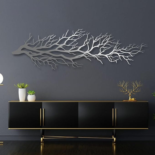 Aportif Metal Tree Branch Wall Art, Minimalist Branch Wall Decor, Metal Tree of Life for Bedroom Living Room (Silver, 30 x 9 in | 76 x 23cm)