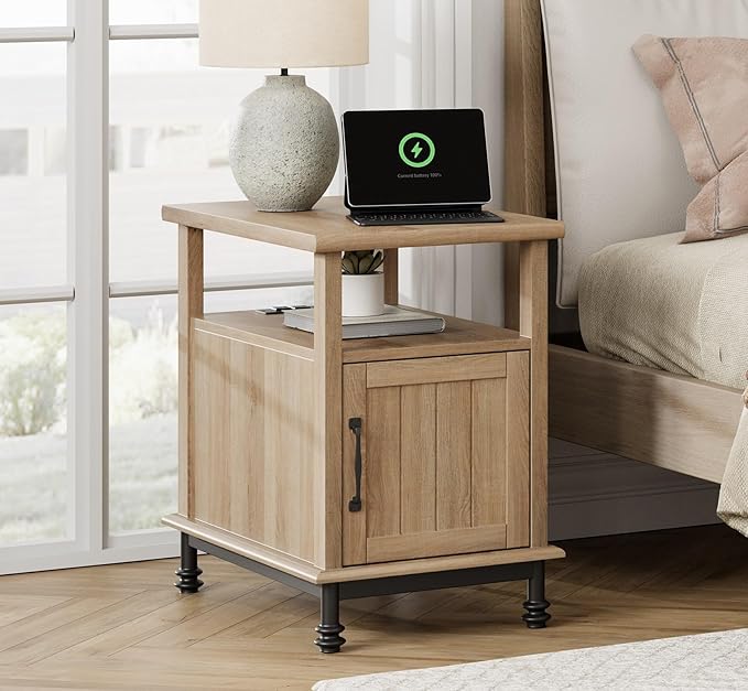 WAMPAT Set of 2 End Tables with Charging Station, Narrow Side Table Night Stand with Storage Cabinet, Wooden Nightstand with Metal Legs, Bedside Table for Bedroom, Oak