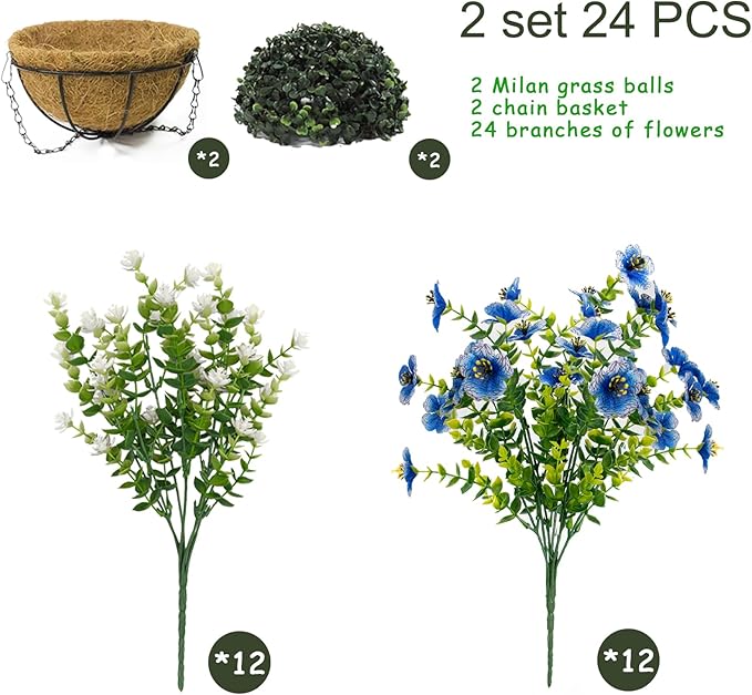 Artificial Hanging Plants Flowers with Basket 2 Packs, Artificial Hanging Flowers for Outdoors, Faux Hanging Plants Outdoor, White+Blue