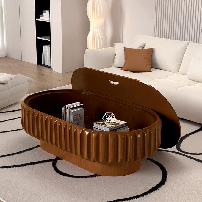 43.3" Oval Drum Coffee Table with Storage Retro Rustic Center Table - Solid Wood Handcrafted Relief Veneer for Farmhouse Apartment (D Oval 43.3in)