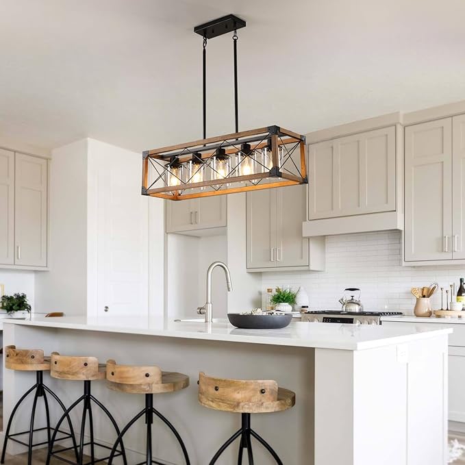 Rustic Hanging Lights Fixture Farmhouse Chandeliers for Dining Room Kitchen Island Light Fixtures 5-Light Wood Chandelier Over Dining Table with Clear Glass Shade-Oak