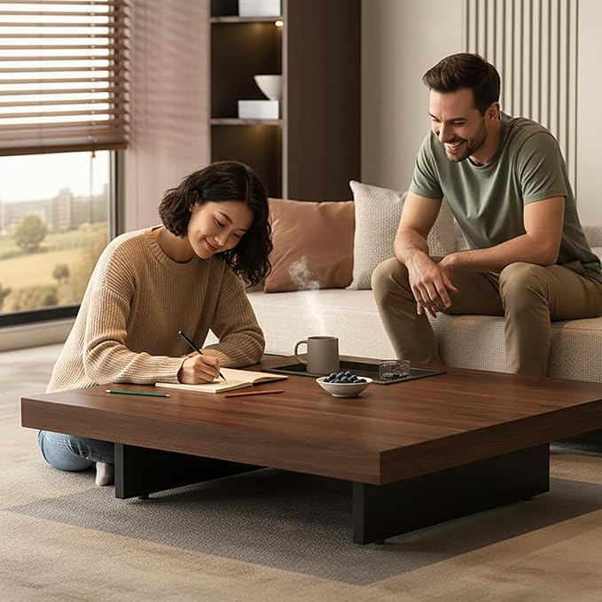 Modern Square Coffee Table for Living Room, Low Profile Wood Center Table with 2" Thick Tabletop & Optional Storage Tray, Sturdy Minimalist Design (31.5"/39.4" Black/Walnut)