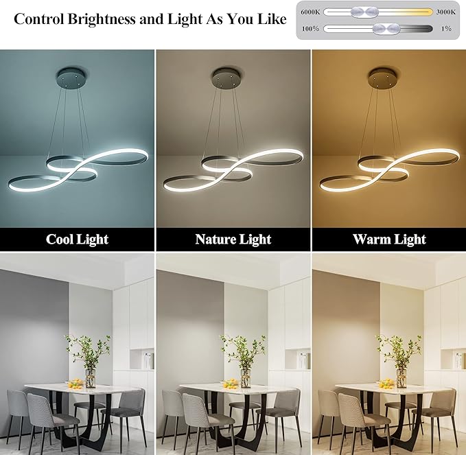 Modern LED Chandelier Dining Room Pendant Light Dimmable Creative Chandelier Remote Control Color/Brightness 3000-6000K Adjustable Hanging Lamp for Bedroom Living Room Kitchen 50W (Silver)
