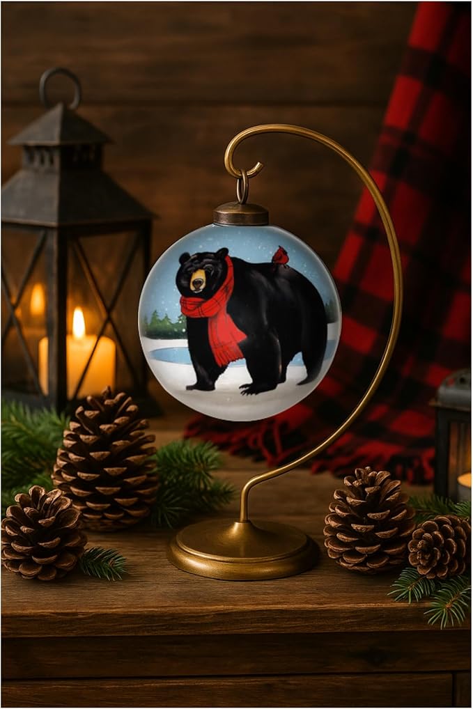 Black Bear Christmas Ornament with Red Scarf and Cardinal – Hand-Painted Glass Wildlife Ornament for Woodland Holiday Décor, Rustic Cabin Theme