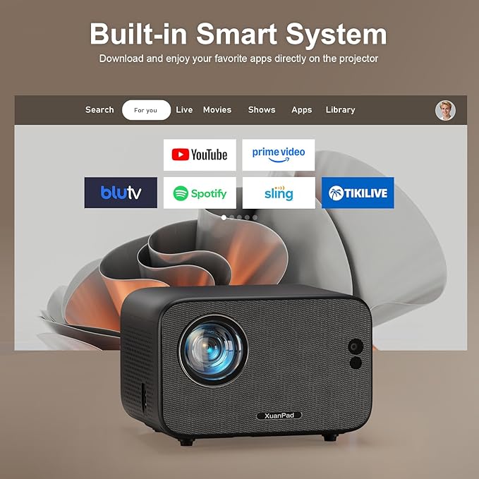 [Compatible with App & TOF Real-time Focus] Mini Projector with WiFi and Bluetooth, XuanPad Smart Projector 4K Support, Dolby Audio & Keystone, 210° Rotatable Stand for Home