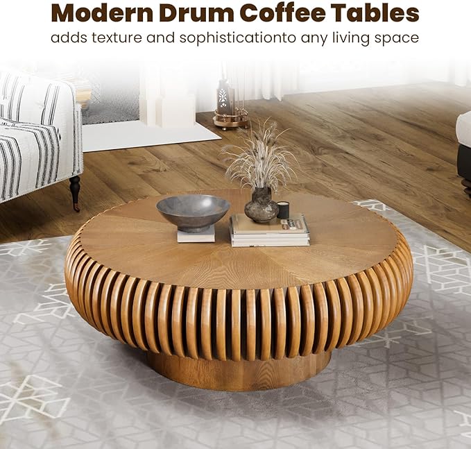 31.5" Drum Coffee Table Modern Unique Fluted Tea Table Contemporary Wood Round Coffee Table with Fluted Centry Table for Living Room Walnut (31.5" Brown)