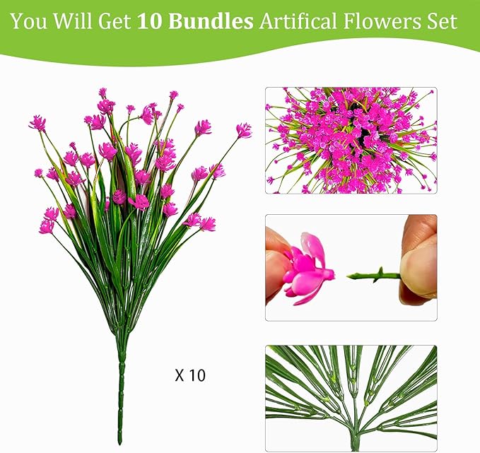 10 Bundles Artificial Flowers Indoor No Fade Fake Plastic Flower UV Resistant for Outside Patio Yard Planter Fall Autumn Pink Faux Outdoor Plants for Planters