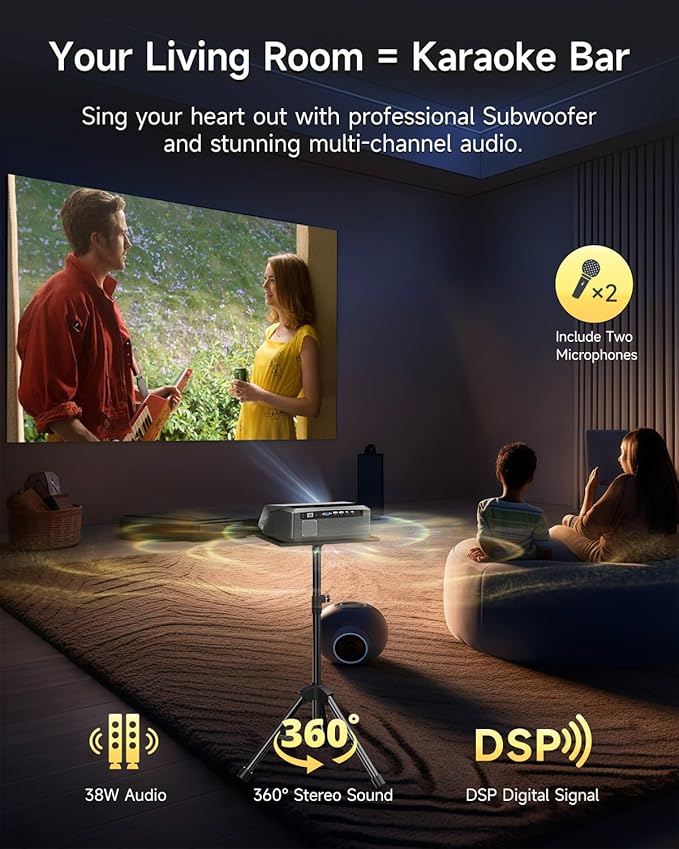 Smart 4K Projector Movie Gaming Karaoke TV, 2300 ANSI High Brightness Ultra HD Proyector Indoor Daylight, NFC, Auto Focus, WiFi 6, Bluetooth, DSP Audio, HDMI, Outdoor Home Theater/Bright Room, 2025