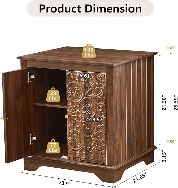 End Table Set of 2, Carved Floral Square Nightstand with Adjustable Shelf, Farmhouse Wooden 2 Door Side Table for Living Room Bedroom (Walnut)