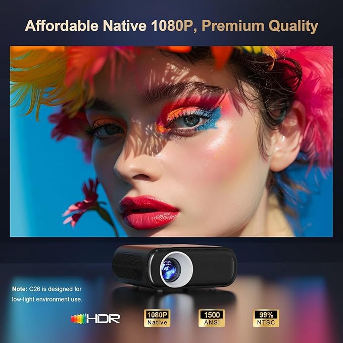 [Built-in Apps/GoogIe TV/1500ANSI] Smart Projector 4K Supported with WiFi and Bluetooth, GoogIe Voice, Zoom&Keystone, 180°Stand, HDR10, Goiaey C26 Portable Mini Projector for Movie/Home Theater Use