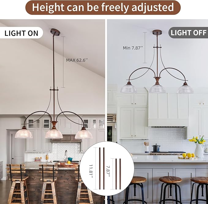 3-Light Oil Rubbed Bronze Pendant Light for Kitchen Island Farmhouse Dining Room Chandelier Over Table Adjustable Hanging Light Fixtures with Crystal Glass for Living Room Hallway Entryway