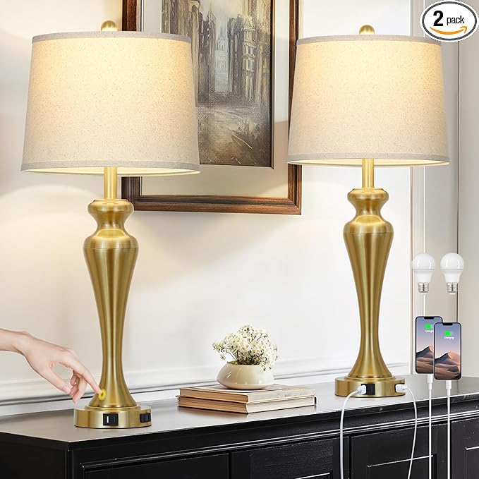 30" Gold Table Lamps Set of 2, 3-Way Dimmable Touch Lamps for Nightstand with USB A+C Ports and AC Outlet, Tall Bed Side Lamp for Living Room, Modern Brass Lamp for Bedroom Side End Table