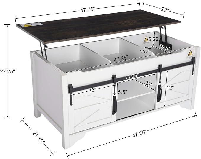 Lift Top Coffee Table with Sliding Barn Door 47.64" W Rustic Storage Coffee Tables, Wood Rectangle Center Table with Hidden Storage Compartment for Home, Office, White and Black