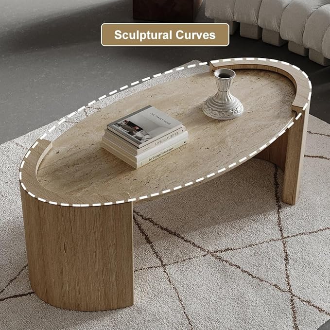 homary 43" Japandi Oval Travertine Stone Top Coffee Table – Double Pedestal Oval Coffee Table with Natural Beige Stone Surface and Engineered Wood Base for Living Room and Lounge