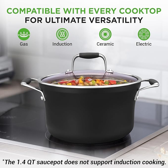 NutriChef 14-Piece Non-Stick Pots and Pans Set - Induction Ready Multi-Sized Cooking Pots with Lids, Small and Medium Frying Pans with Slotted Spatula, Pasta Server, Soup Ladle, Silicone Handles