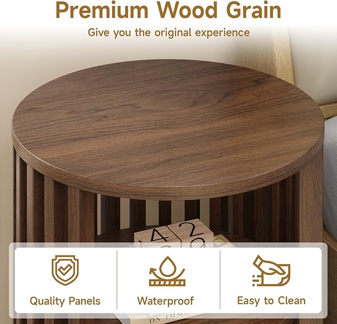 Round End Table, Wood Bedside Table, Mid Century Modern Nightstand with Open Storage Shelf, 3 Tier Small Side Tables for Living Room, Bedroom, Curved Profile Design, Walnut(2-Pack)
