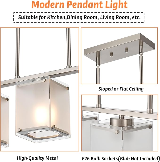 Kitchen Island Lighting, 3-Light Dining Room Light Fixture with Frosted Glass Shade Linear Chandelier Pendant Lighting Over Table for Dining Table Kitchen Island, Adjustable Height