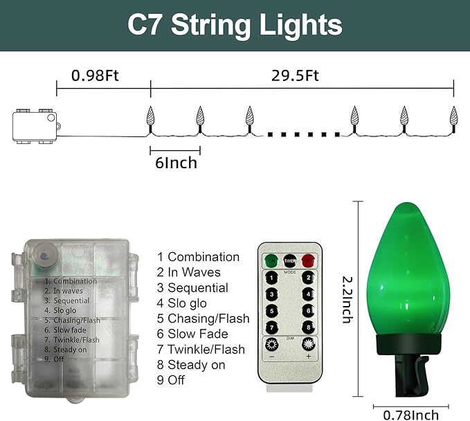 Anycosy Christmas Lights, 29.5 FT 60 LEDs C7 Battery Operated Strings Lights 8 Modes with Auto On/Off Time for Xmas Tree Garland Garden Patio Indoor Outdoor Christmas Decorations