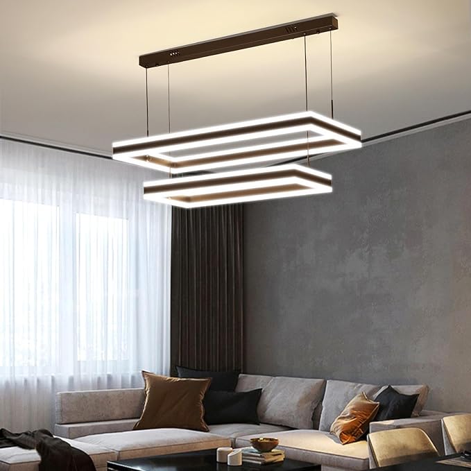 Modern LED Chandelier, Black Pendant Light for Kitchen Island, Adjustable 2 Ring Rectangle Ceiling Lighting Fixture, Dimmable Minimalist Over Table Hanging Light for Living Dining Room, Entryway