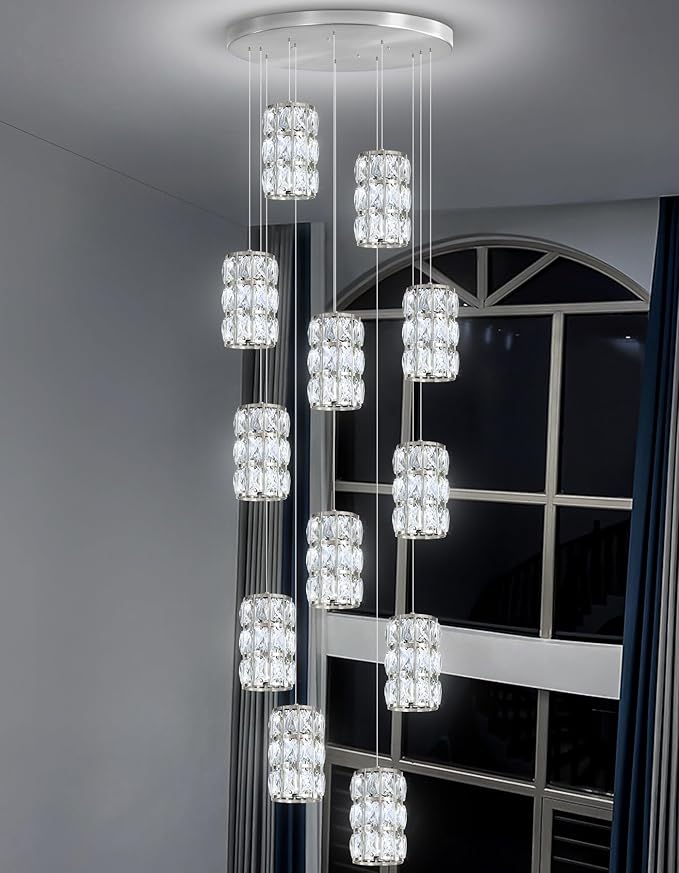 12-Lights Modern Crystal LED Dimmable for Staircase Foyer High Ceiling Chandeliers Hallway Nickel
