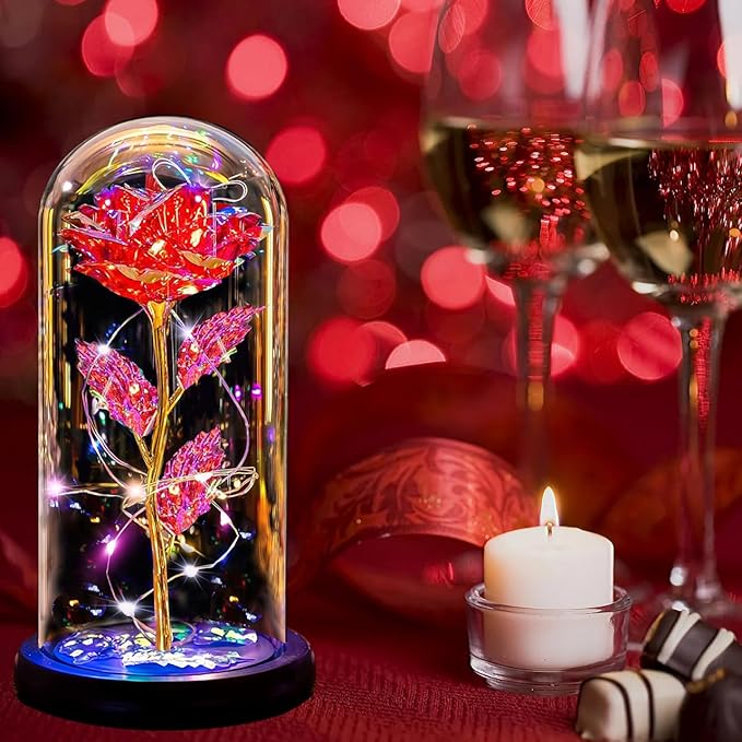 Christmas Rose Gifts for Women Mom, Womens Gifts for Christmas, Glass Flower Gifts for Sister, Rose Enchanted Crystal Flower Gift Light Up in Glass Dome,Birthday Gift for Women Wife Red
