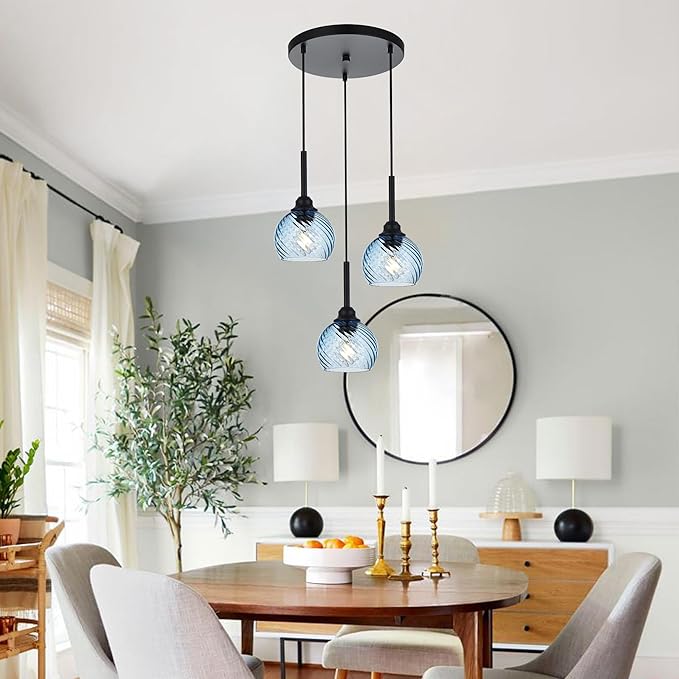 3 Light Pendant Lighting with Striped Swirl Globe Glass Blue Cluster Pendant Light for Kitchen Island, Modern Dining Room Light Fixtures Over Table Hanging Ceiling Light, E26 Base