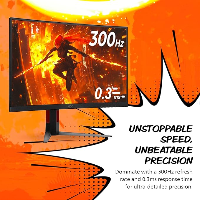 AOC CQ27G4ZH 27" Curved Gaming Monitor, QHD 2K 2560x1440, 1500R VA, 300Hz 0.3ms MPRT, HDMI x2, DP x1, Height Adjustable Stand, HDR, 3-Year Zero-Bright-dot