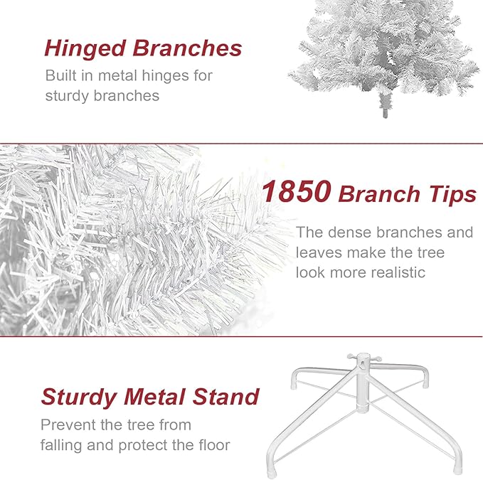 BESTHLS 9 feet White Christmas Tree Artificial Pine Christmas Tree with Metal Stand and Ribbon Decorations 1850 Branch Tips for Indoor Outdoor （9ft White）