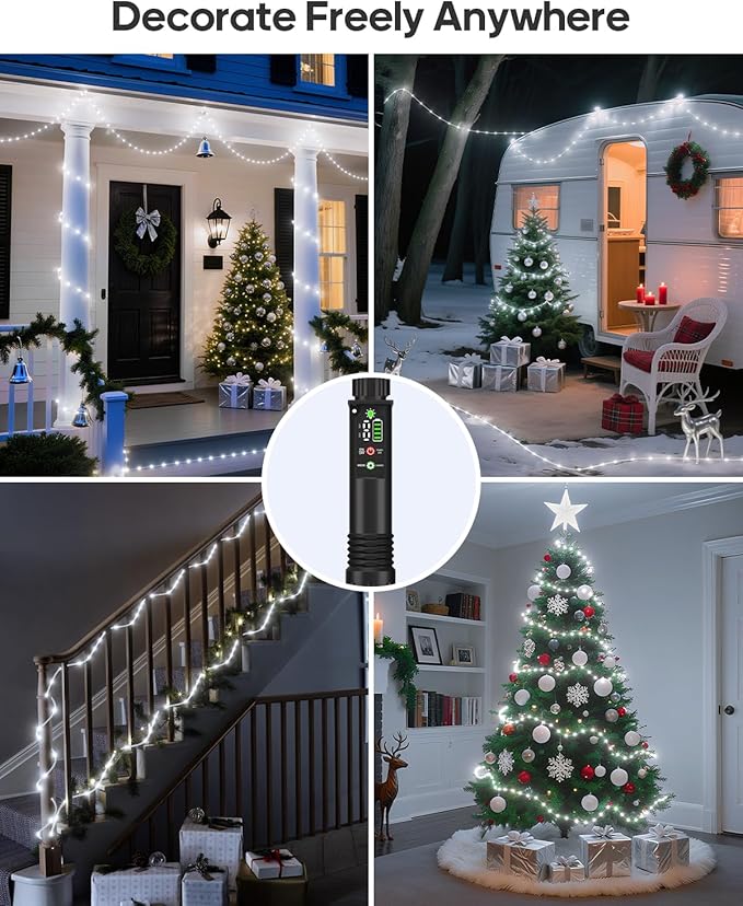 Rechargeable Rope Lights, 39FT 120LED Outdoor Waterproof String Lights with 1200mah Portable Rechargeable Battery, Timing & 8 Modes for Party Christmas Camping DIY Tree trampoline - Cool White 1 Pack