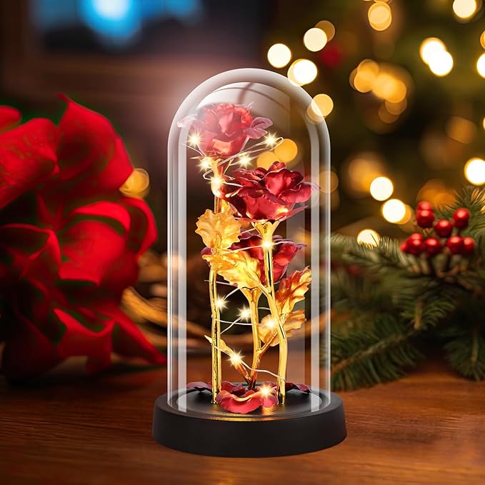 Christmas Rose Gifts for Women, Womens Gift for Christmas Birthday Gifts for Women Mom Wife Girlfriend, Light Up Rose in A Glass Dome, Rose Gifts for Valentines, Mothers Day, Womens Day (Red)