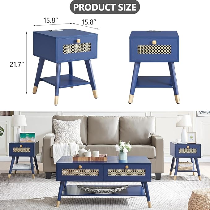 Mid Century Modern End Table, Small Side Tables with Charging Station & Outlets and USB Ports, Blue Wood Nightstand with Storage Drawer and Open Shelf for Living Room, Set of 2