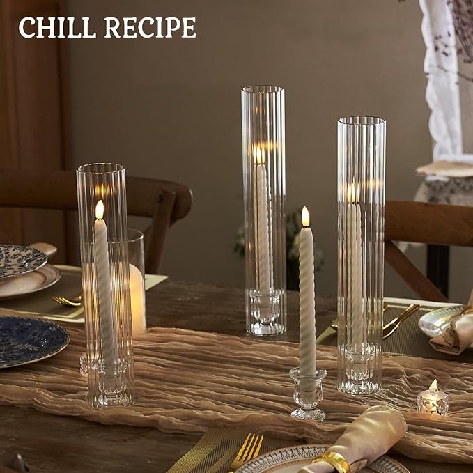 CHILL RECIPE Glass Hurricane Candlestick Holders Ribbed 12" Tall Cylinder Candle Holder Chimney Tube, Floral Taper Crystal Candle Stick Holder for Birthday Wedding Christmas Home Decor(1 Set 6Pcs)