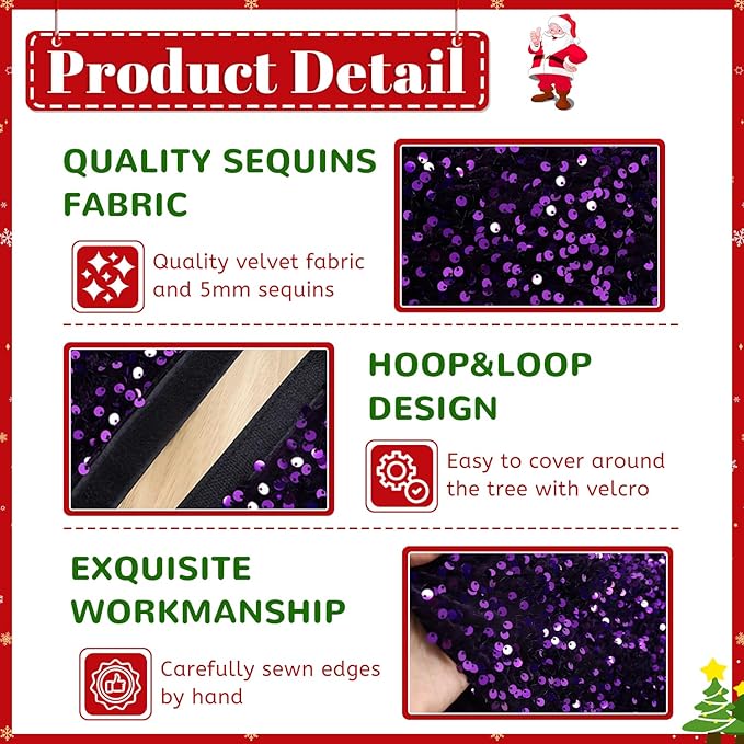 Large Christmas Tree Skirt 60 Inch Sequined Purple Xmas Tree Skirt Glitter Xmas Tree Mat Shimmer Sparkly Christmas Tree Skirt Luxury Huge Tree Skirt for Holiday Party Christmas Tree Mat