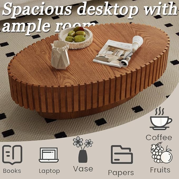 43.3” Oval Coffee Table Modern Fluted Coffee Table Handcrafted Relief Center Table with Sturdy Pedestal Mid Century Modern Center Table Tea Table for Living Room Apartment (Brown)