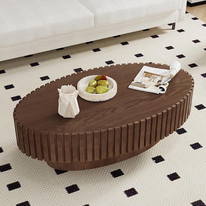 43.3in Fluted Side Tables Living Room Modern Chic Drum Coffee Table - Spacious Tabletop, for Small Space - Living Room Apartment Study,Walnut